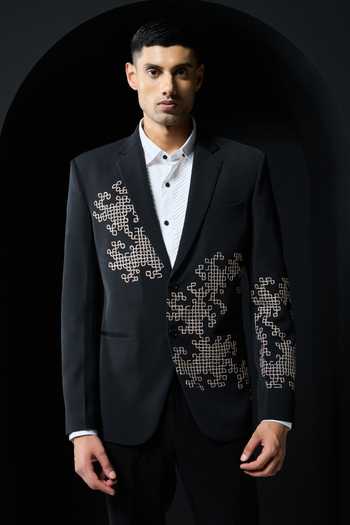 Buy_Sarab Khanijou_Black Twill Embroidery Geometric Pattern Blazer And Pant Set _Online_at_Aza_Fashions