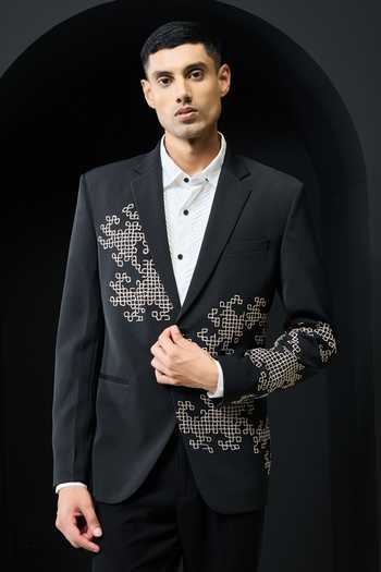Shop_Sarab Khanijou_Black Twill Embroidery Geometric Pattern Blazer And Pant Set _Online_at_Aza_Fashions