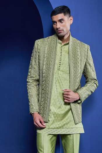 Buy Sarab Khanijou Green Organza Embroidery, Sequins, Pearls Bandhgala Set Online at Aza Fashions Buy_Sarab Khanijou_Green Organza Embroidery, Sequins, Pearls Bandhgala Set _Online_at_Aza_Fashions