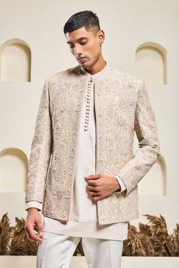 Sarab Khanijou_Pink Silk Embroidery, Sequins, Pearls And Raw Bandhgala Set _Online_at_Aza_Fashions