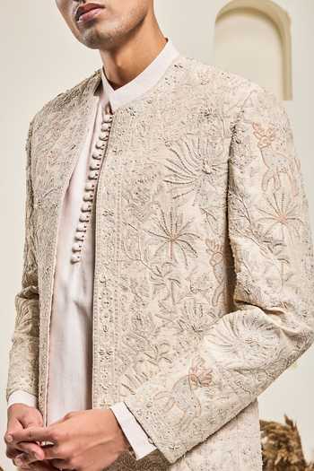 Shop_Sarab Khanijou_Pink Silk Embroidery, Sequins, Pearls And Raw Bandhgala Set _Online_at_Aza_Fashions