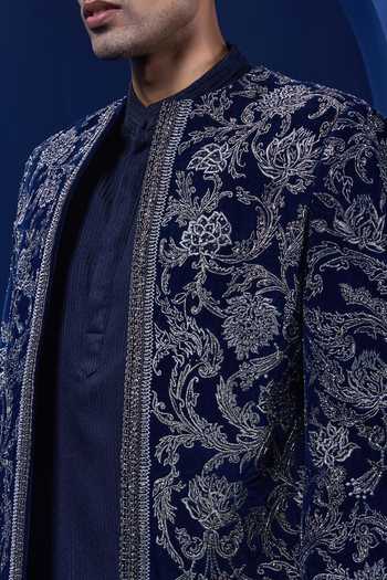 Buy_Sarab Khanijou_Navy Velvet Embroidery, Sequins, Pearls, Zari Bandhgala Set _Online_at_Aza_Fashions