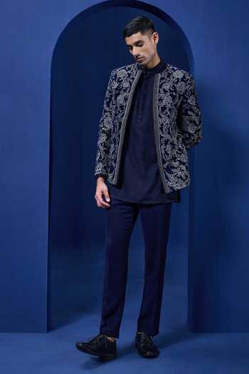 Shop_Sarab Khanijou_Navy Velvet Embroidery, Sequins, Pearls, Zari Bandhgala Set _Online_at_Aza_Fashions