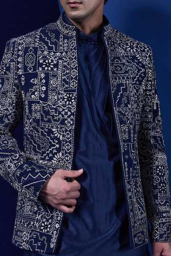 Buy_Sarab Khanijou_Navy Embroidery, Sequins, Pearls Bandhgala Kurta Set _Online_at_Aza_Fashions