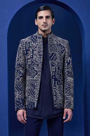 Shop_Sarab Khanijou_Navy Embroidery, Sequins, Pearls Bandhgala Kurta Set _Online_at_Aza_Fashions
