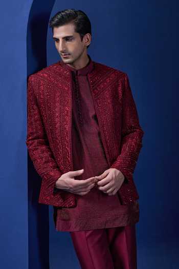 Buy_Sarab Khanijou_Wine Organza Embroidery, Sequins, Pearls Tonal Bandhgala Set _Online_at_Aza_Fashions