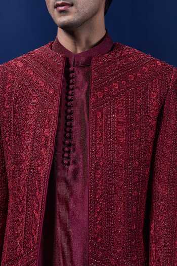 Shop_Sarab Khanijou_Wine Organza Embroidery, Sequins, Pearls Tonal Bandhgala Set _Online_at_Aza_Fashions