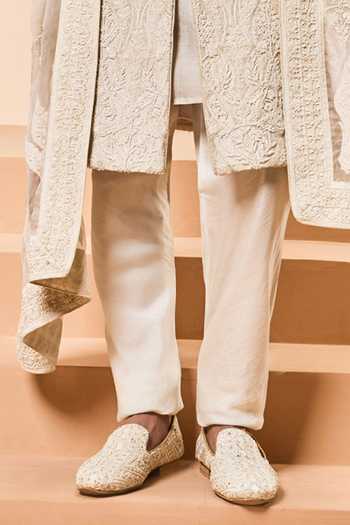 Sarab Khanijou_Ivory Silk Sequins, Pearls, Applique Tonal Embroidered Raw Sherwani Set _Online_at_Aza_Fashions