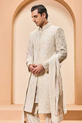 Buy_Sarab Khanijou_Ivory Silk Sequins, Pearls, Applique Tonal Embroidered Raw Sherwani Set _Online_at_Aza_Fashions