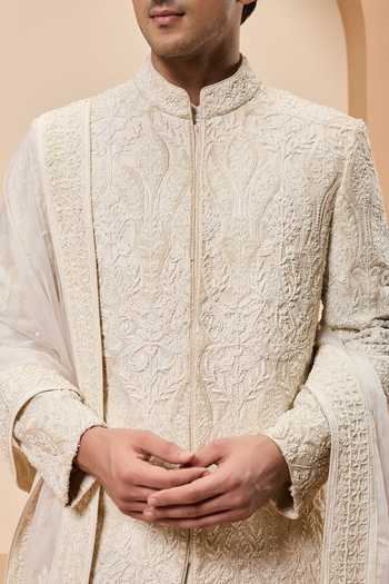 Shop_Sarab Khanijou_Ivory Silk Sequins, Pearls, Applique Tonal Embroidered Raw Sherwani Set _Online_at_Aza_Fashions