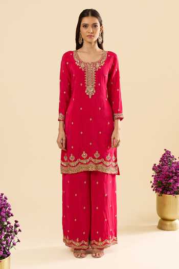 Shop_Samyukta Singhania_Pink Silk Zari Scoop Neck Embroidered Kurta Set _Online_at_Aza_Fashions
