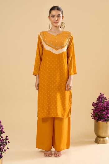 Buy Khwaab By Sanjana Lakhani Yellow Muslin Sequins, Stones V-neck, Yes Printed Kurta And Palazzo Set Online at Aza Fashions Buy_Khwaab By Sanjana Lakhani_Yellow Muslin Sequins, Stones V-neck, Yes Printed Kurta And Palazzo Set _Online_at_Aza_Fashions