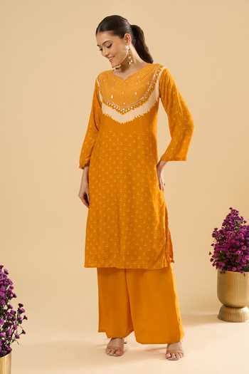 Khwaab By Sanjana Lakhani Yellow Muslin Sequins, Stones V-neck, Yes Printed Kurta And Palazzo Set at Aza Fashions Khwaab By Sanjana Lakhani_Yellow Muslin Sequins, Stones V-neck, Yes Printed Kurta And Palazzo Set _at_Aza_Fashions