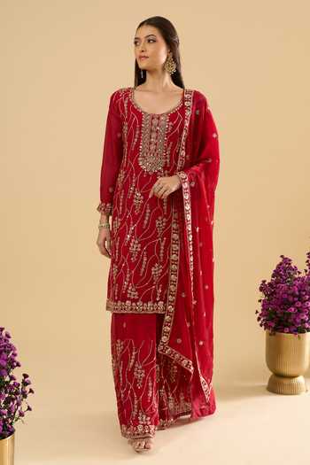 Samyukta Singhania_Maroon Satin Embroidery, Sequins, Zari, Stones Scoop Neck Kurta Sharara Set _Online_at_Aza_Fashions