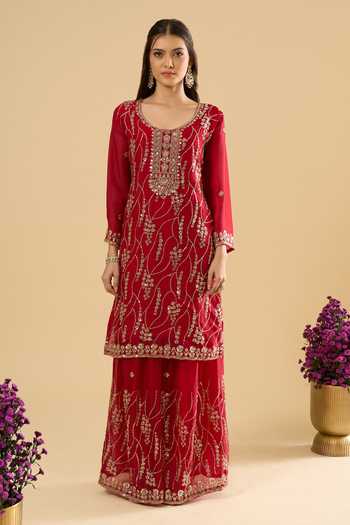 Buy_Samyukta Singhania_Maroon Satin Embroidery, Sequins, Zari, Stones Scoop Neck Kurta Sharara Set _Online_at_Aza_Fashions