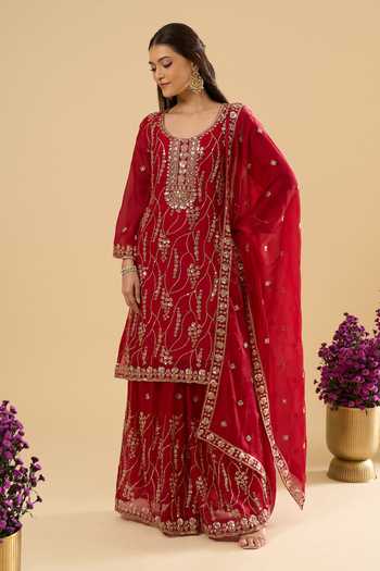 Shop_Samyukta Singhania_Maroon Satin Embroidery, Sequins, Zari, Stones Scoop Neck Kurta Sharara Set _Online_at_Aza_Fashions