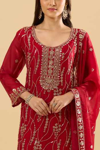 Samyukta Singhania_Maroon Satin Embroidery, Sequins, Zari, Stones Scoop Neck Kurta Sharara Set _at_Aza_Fashions