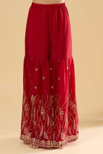 Buy_Samyukta Singhania_Maroon Satin Embroidery, Sequins, Zari, Stones Scoop Neck Kurta Sharara Set 