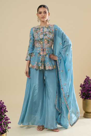 Samyukta Singhania_Sky Blue Silk Embroidery Round Neck Peplum Kurta Set _Online_at_Aza_Fashions
