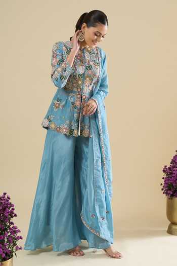 Shop_Samyukta Singhania_Sky Blue Silk Embroidery Round Neck Peplum Kurta Set _Online_at_Aza_Fashions