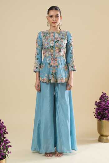 Samyukta Singhania_Sky Blue Silk Embroidery Round Neck Peplum Kurta Set _at_Aza_Fashions