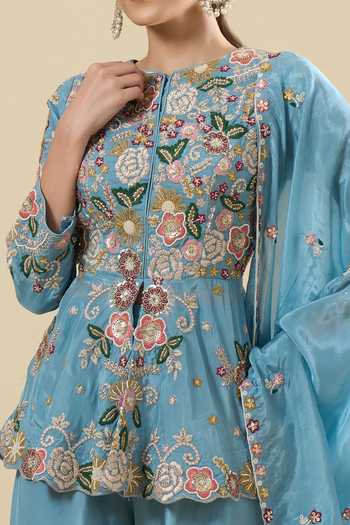 Buy_Samyukta Singhania_Sky Blue Silk Embroidery Round Neck Peplum Kurta Set 