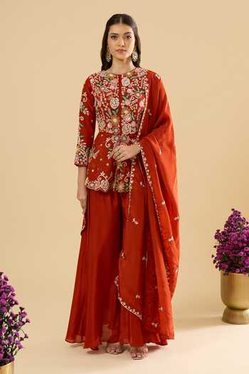 Buy_Samyukta Singhania_Orange Silk Embroidery Round Neck, Yes Peplum Kurta Set _Online_at_Aza_Fashions