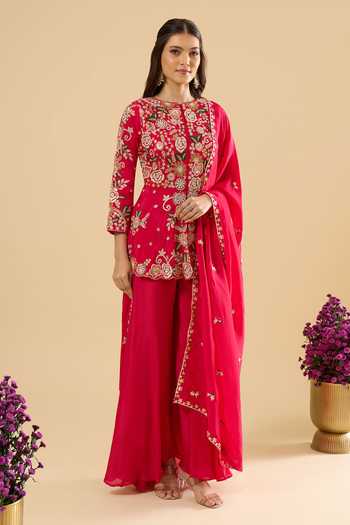 Samyukta Singhania_Pink Silk Embroidery Round Neck Floral Peplum Kurta Set _Online_at_Aza_Fashions