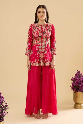 Shop_Samyukta Singhania_Pink Silk Embroidery Round Neck Floral Peplum Kurta Set _Online_at_Aza_Fashions