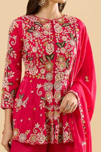 Buy_Samyukta Singhania_Pink Silk Embroidery Round Neck Floral Peplum Kurta Set 