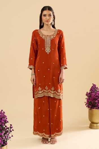 Samyukta Singhania_Orange Silk Embroidery, Sequins, Zari Round Neck Kurta Sharara Set _Online_at_Aza_Fashions