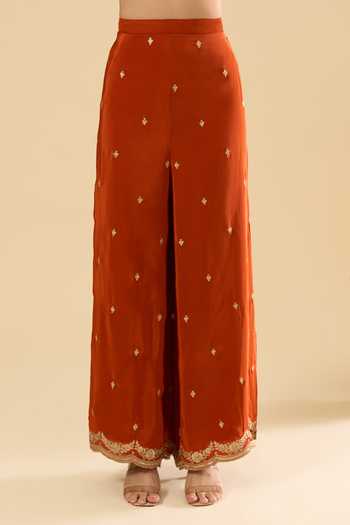 Buy_Samyukta Singhania_Orange Silk Embroidery, Sequins, Zari Round Neck Kurta Sharara Set _Online_at_Aza_Fashions