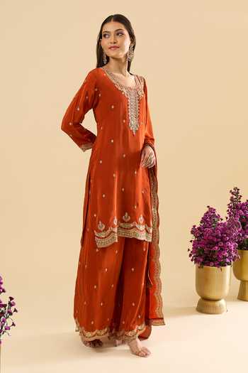 Shop_Samyukta Singhania_Orange Silk Embroidery, Sequins, Zari Round Neck Kurta Sharara Set _Online_at_Aza_Fashions