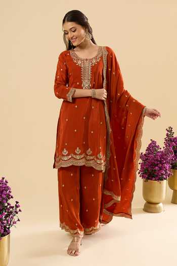 Samyukta Singhania_Orange Silk Embroidery, Sequins, Zari Round Neck Kurta Sharara Set _at_Aza_Fashions