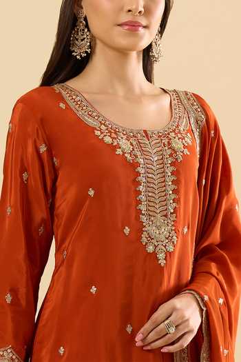 Buy_Samyukta Singhania_Orange Silk Embroidery, Sequins, Zari Round Neck Kurta Sharara Set 