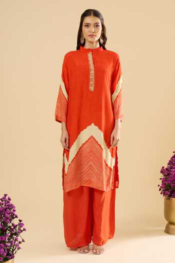 Buy Khwaab By Sanjana Lakhani Orange Muslin Embroidery Mandarin Collar Printed Straight Kurta And Pant Set Online at Aza Fashions Buy_Khwaab By Sanjana Lakhani_Orange Muslin Embroidery Mandarin Collar Printed Straight Kurta And Pant Set _Online_at_Aza_Fashions