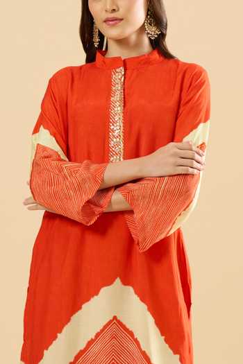 Shop Khwaab By Sanjana Lakhani Orange Muslin Embroidery Mandarin Collar Printed Straight Kurta And Pant Set Online at Aza Fashions Shop_Khwaab By Sanjana Lakhani_Orange Muslin Embroidery Mandarin Collar Printed Straight Kurta And Pant Set _Online_at_Aza_Fashions