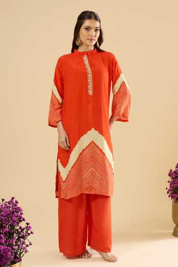 Khwaab By Sanjana Lakhani Orange Muslin Embroidery Mandarin Collar Printed Straight Kurta And Pant Set at Aza Fashions Khwaab By Sanjana Lakhani_Orange Muslin Embroidery Mandarin Collar Printed Straight Kurta And Pant Set _at_Aza_Fashions
