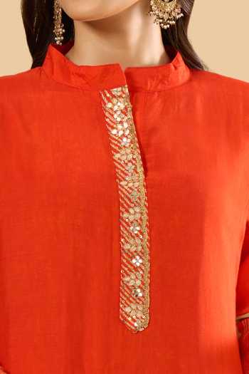 Buy Khwaab By Sanjana Lakhani Orange Muslin Embroidery Mandarin Collar Printed Straight Kurta And Pant Set Buy_Khwaab By Sanjana Lakhani_Orange Muslin Embroidery Mandarin Collar Printed Straight Kurta And Pant Set