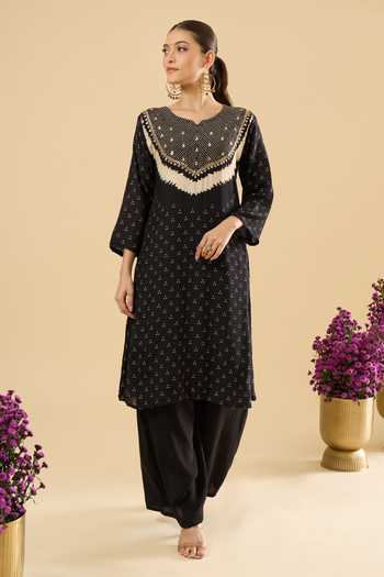 Buy_Khwaab By Sanjana Lakhani_Black Muslin Sequins, Zari V-neck Printed Kurta And Palazzo Set _Online_at_Aza_Fashions