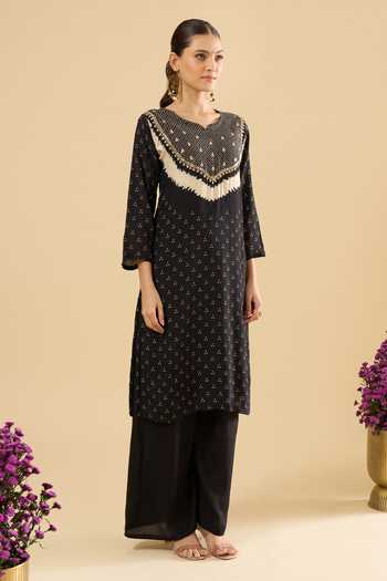 Shop_Khwaab By Sanjana Lakhani_Black Muslin Sequins, Zari V-neck Printed Kurta And Palazzo Set _Online_at_Aza_Fashions