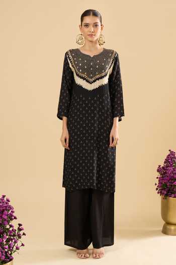 Khwaab By Sanjana Lakhani_Black Muslin Sequins, Zari V-neck Printed Kurta And Palazzo Set _at_Aza_Fashions