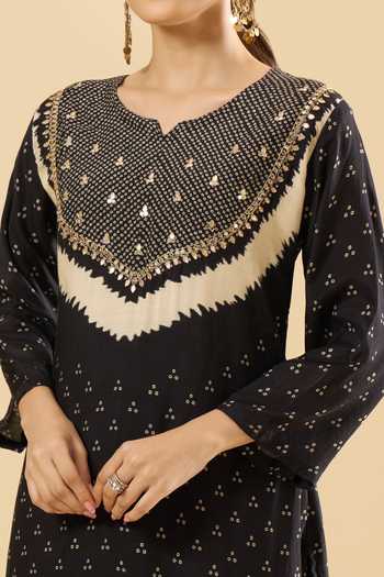Buy_Khwaab By Sanjana Lakhani_Black Muslin Sequins, Zari V-neck Printed Kurta And Palazzo Set 