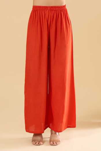 Buy_Khwaab By Sanjana Lakhani_Orange Muslin Embroidery V-neck Printed Kurta And Palazzo Set _Online_at_Aza_Fashions