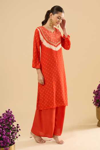 Shop_Khwaab By Sanjana Lakhani_Orange Muslin Embroidery V-neck Printed Kurta And Palazzo Set _Online_at_Aza_Fashions