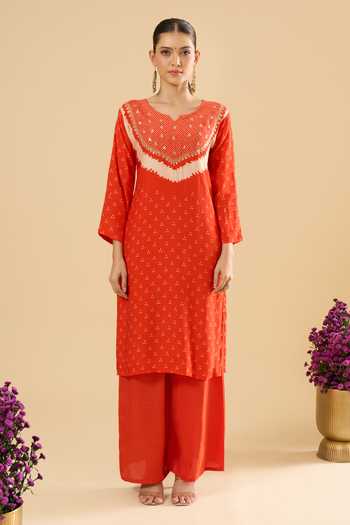 Khwaab By Sanjana Lakhani_Orange Muslin Embroidery V-neck Printed Kurta And Palazzo Set _at_Aza_Fashions