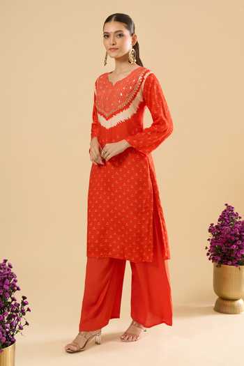 Buy_Khwaab By Sanjana Lakhani_Orange Muslin Embroidery V-neck Printed Kurta And Palazzo Set 