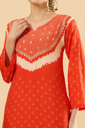 Shop_Khwaab By Sanjana Lakhani_Orange Muslin Embroidery V-neck Printed Kurta And Palazzo Set 