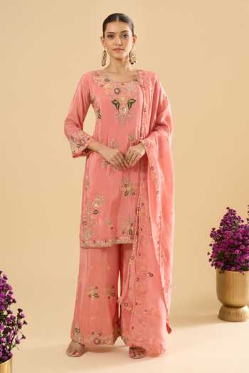 Samyukta Singhania_Peach Silk Embroidery, Zari Round Neck Kurta Sharara Set _Online_at_Aza_Fashions