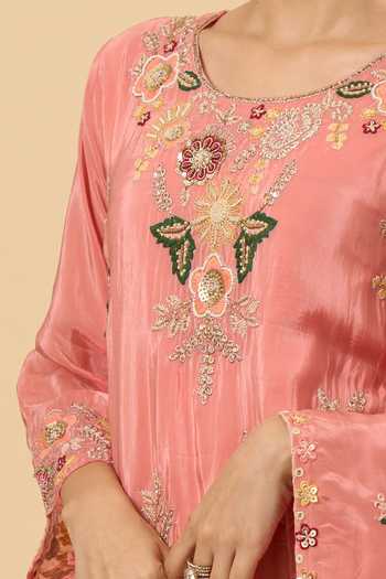 Buy_Samyukta Singhania_Peach Silk Embroidery, Zari Round Neck Kurta Sharara Set _Online_at_Aza_Fashions